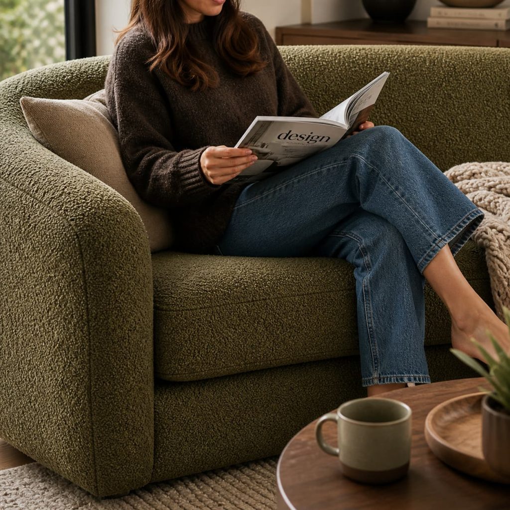 A close-up of a bouclé sofa in daily use, someone sitting comfortably, natural lifestyle shot, realistic home environment
