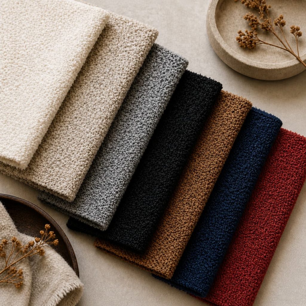 Multiple bouclé fabric swatches in different colors (cream, grey, black, brown, blue), neatly arranged, soft lighting, texture-focused