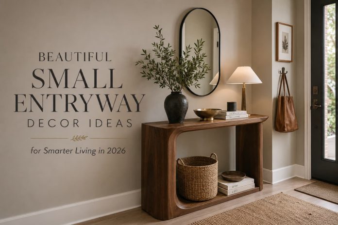 A warm modern small entryway in 2026 interior design style, featuring a slim wooden console table, round mirror above it, soft beige walls, warm lighting, minimal décor, natural wood textures, airy and welcoming atmosphere, realistic photography, soft shadows
