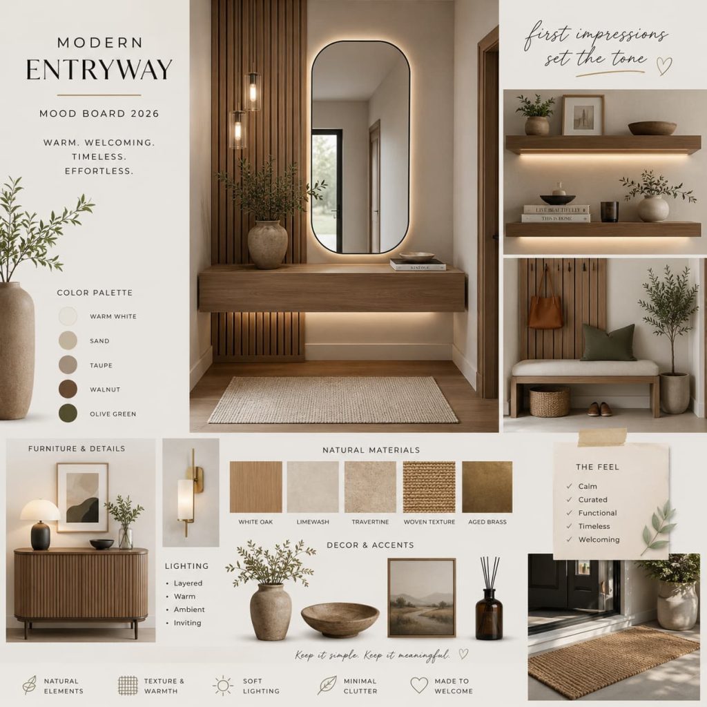A stylish modern entryway mood board showing 2026 design trends: warm wood textures, floating shelves, mirrors, soft lighting, neutral tones, minimal clutter, Scandinavian and modern fusion aesthetic