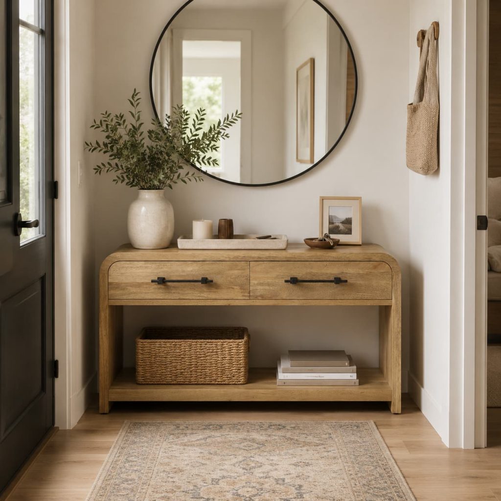 Small entryway with slim oak console table, round mirror above, ceramic vase with greenery, candle tray, soft natural lighting, modern minimalist home decor, cozy and organized space.