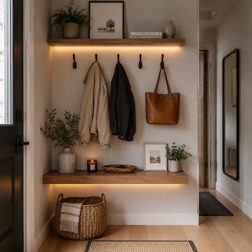 Compact entryway wall with floating wooden shelves, black wall hooks holding jackets and bags, small plants, framed prints, warm LED lighting, clean and functional design.