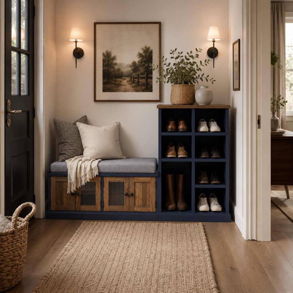 Cozy entryway featuring a wooden storage bench with cushions, woven baskets underneath, soft rug, warm wall sconces, rustic-modern home style, inviting and functional space