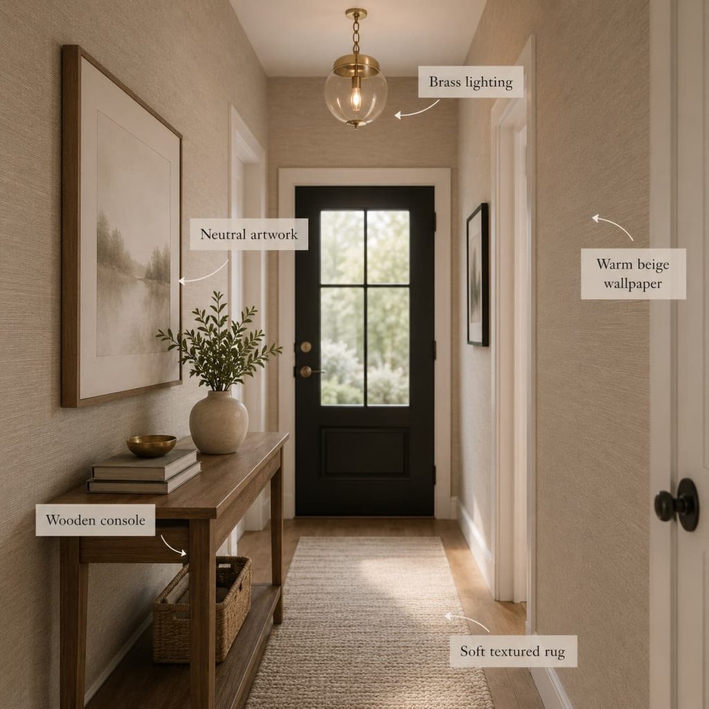 Small entryway with textured wallpaper in warm beige tone, wooden console table, subtle décor pieces, neutral artwork, soft lighting, elegant and calm atmosphere