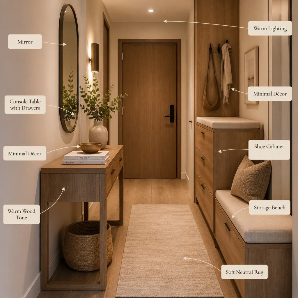 Modern entryway showcasing multifunctional furniture: console table with drawers, storage bench, shoe cabinet with seating, minimal décor, organized and clean aesthetic