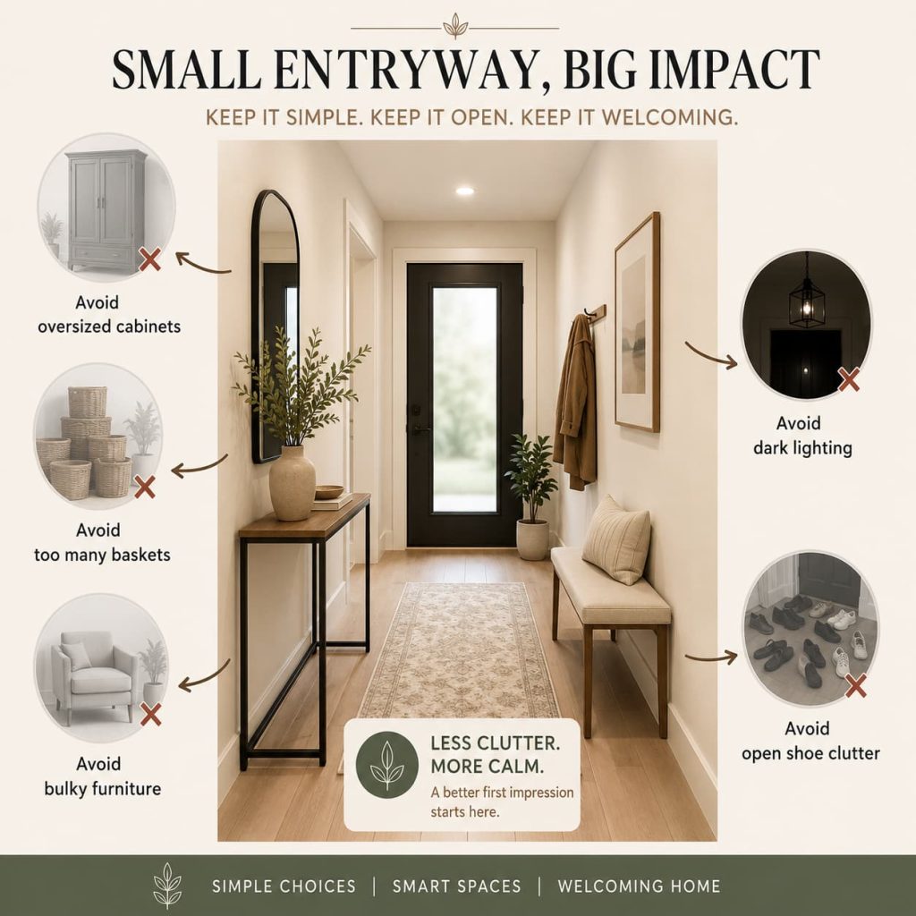 Extremely minimal small entryway, clean walls, one slim console table, single mirror, no clutter, soft lighting, calm and airy Scandinavian-inspired design