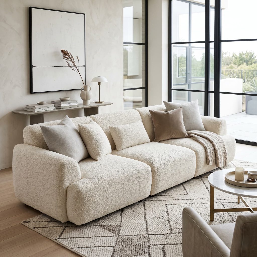 A statement bouclé sofa as the focal point in a modern living room, styled with cushions, neutral palette, designer interior look