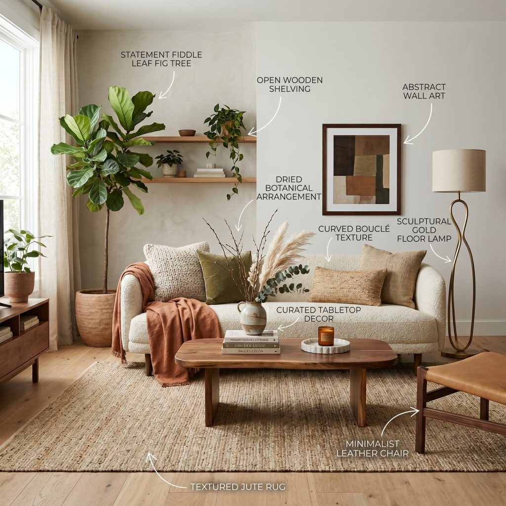 A styled living room with a bouclé sofa and solid wood coffee table, earthy tones, layered textures, modern organic interior design