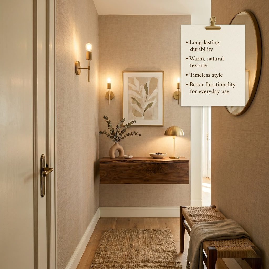 Premium handcrafted solid wood furniture in a modern entryway setting, warm tones, visible wood grain texture, timeless craftsmanship, elegant and functional home design, lifestyle photography