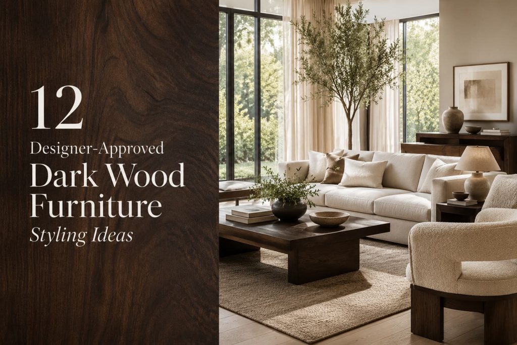 Designer styled living room featuring dark wood furniture with warm neutral interiors