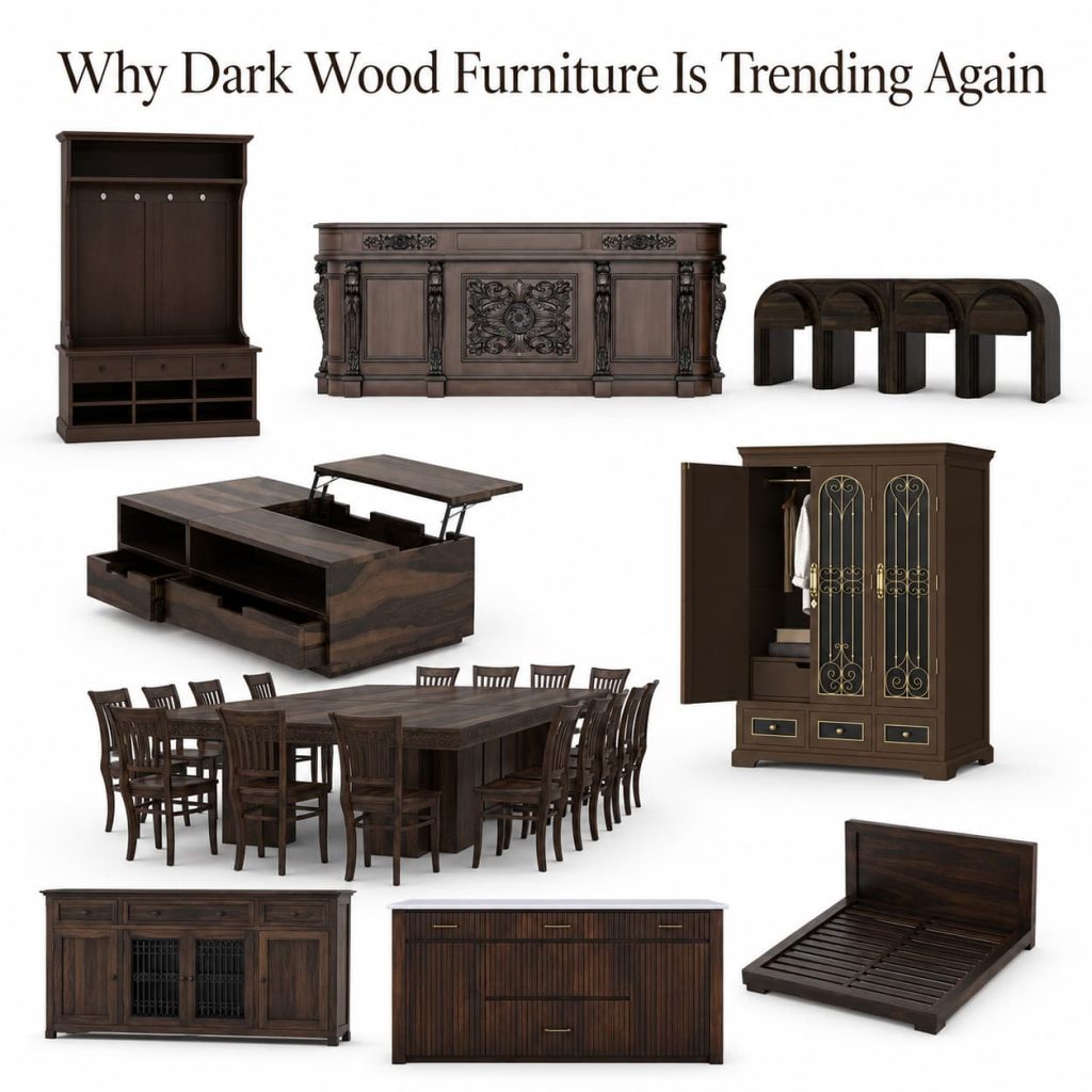 Modern organic interior showcasing rich dark wood furniture in warm neutral décor
