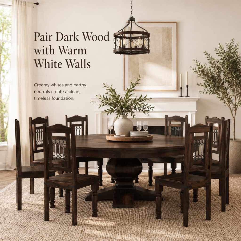 Dark wood dining room styled with warm white walls and earthy neutral colors