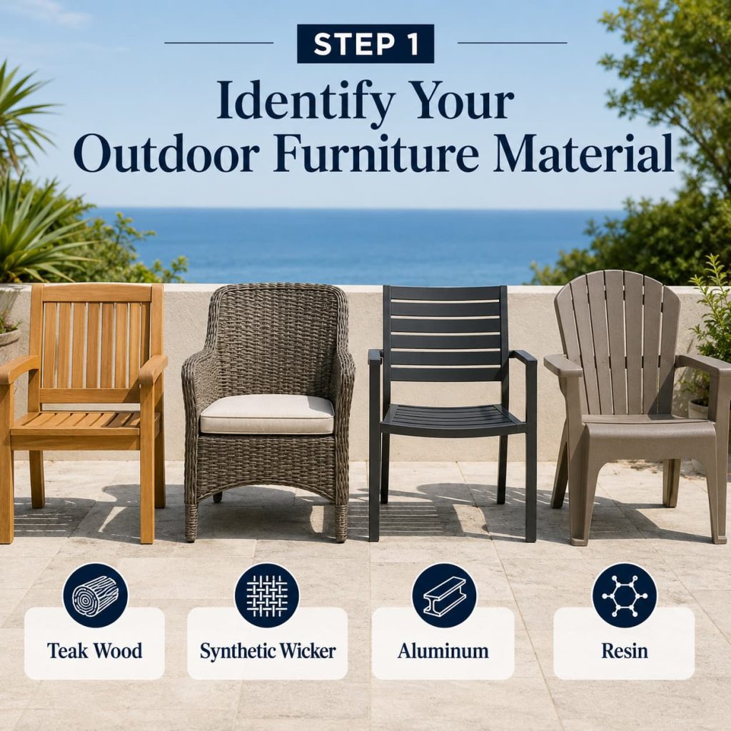 Different outdoor furniture materials, including wood, wicker, metal, and plastic