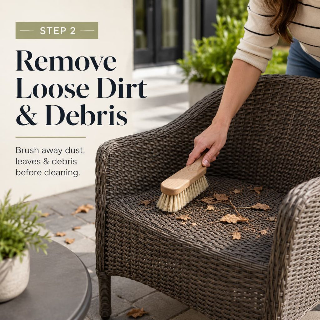 Removing dust leaves and debris from outdoor furniture before cleaning