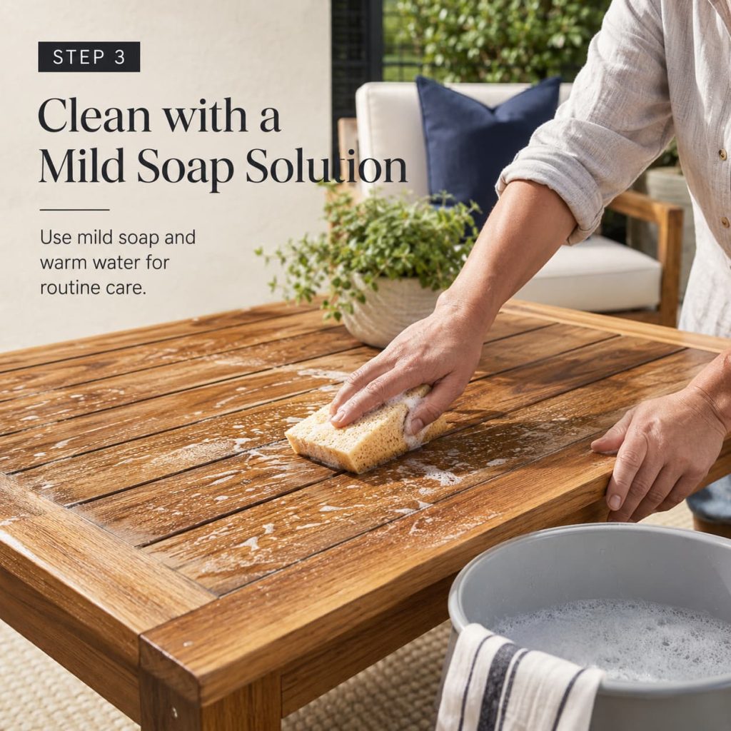 Cleaning outdoor furniture using mild soap and warm water