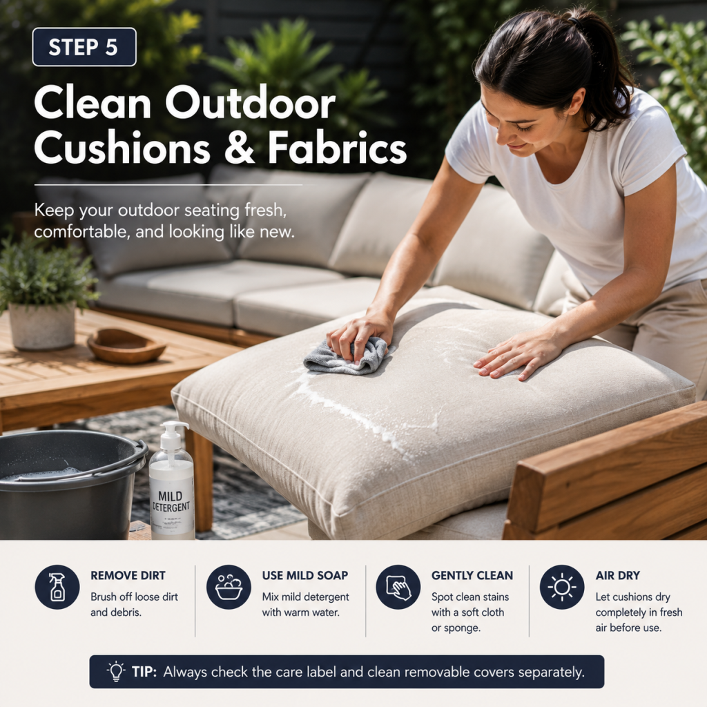 Cleaning outdoor cushions and fabric seating with mild detergent