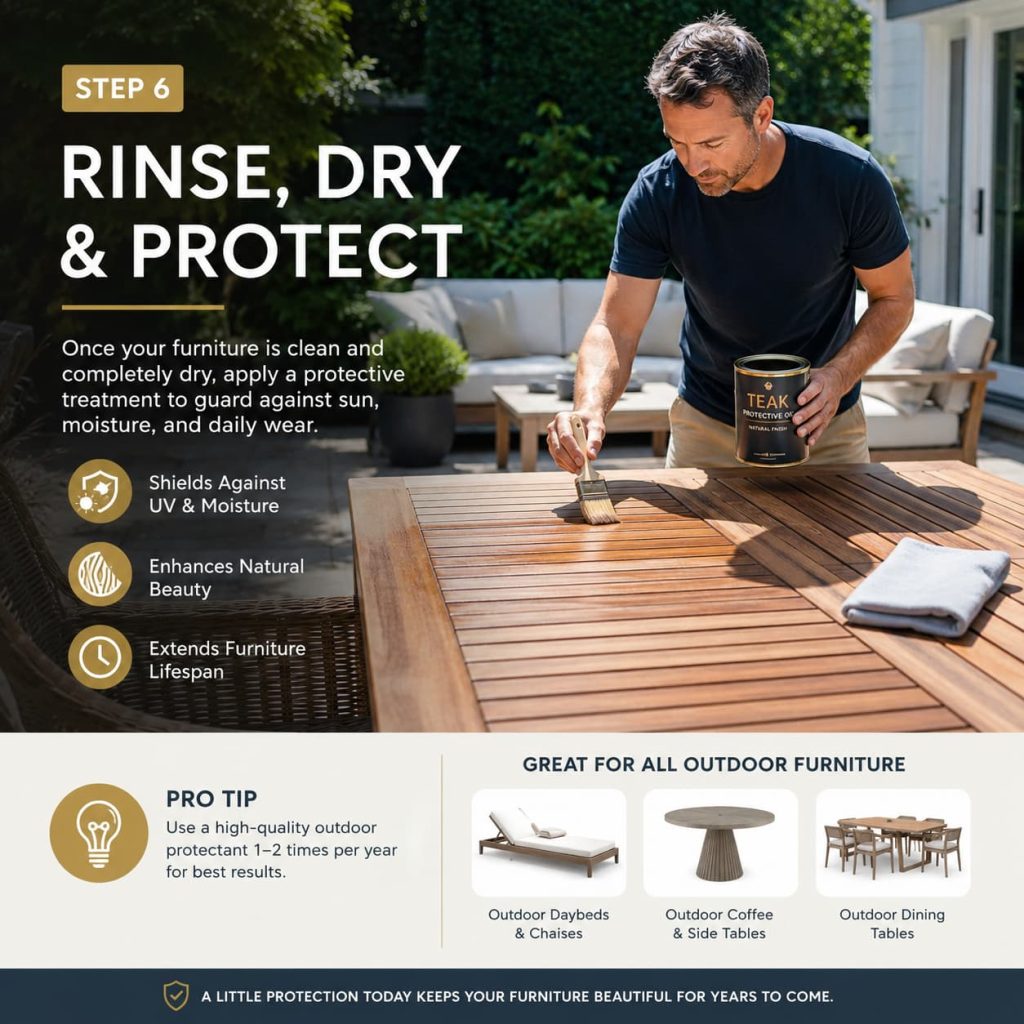 Applying protective treatment to outdoor wood furniture after cleaning