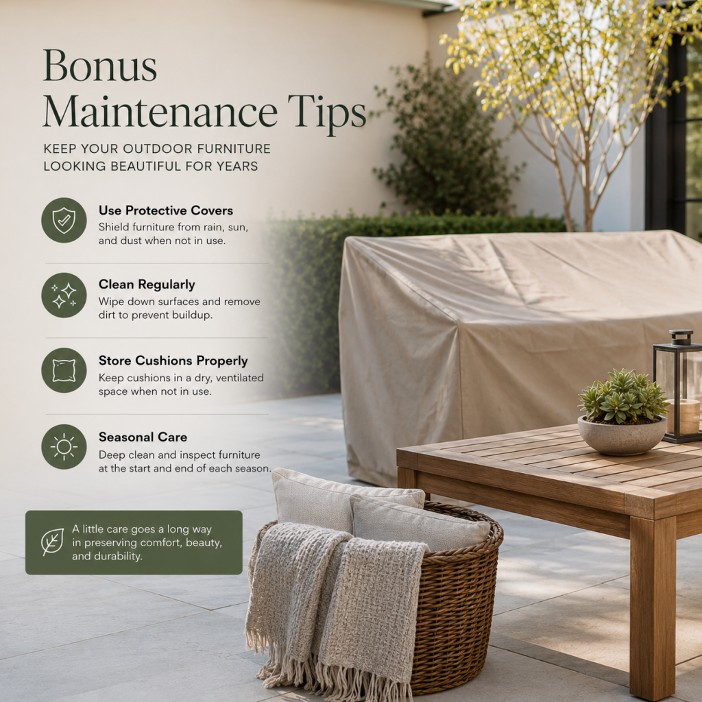 Outdoor furniture protected with covers and proper seasonal care