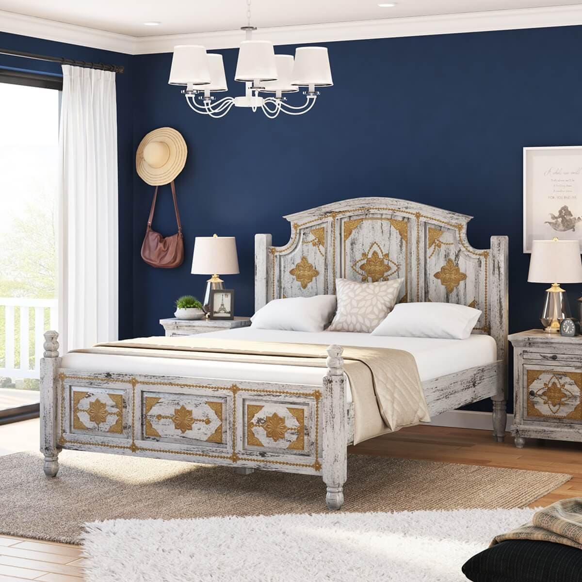 Tudor Distressed Mango Wood & Brass Inlay Platform Bed Frame