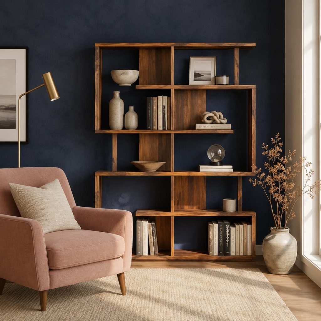 Reading corner with navy blue wall, blush décor, and natural wood bookcase.