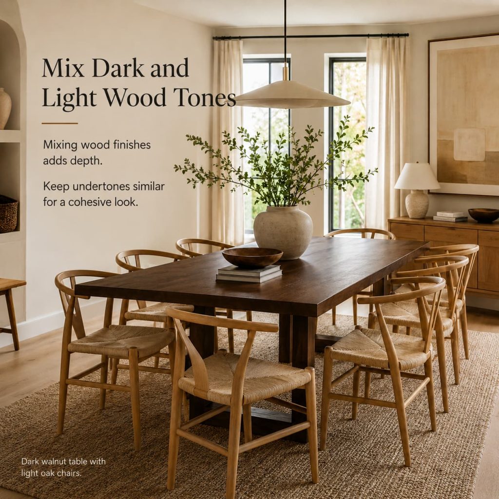 Dining room mixing dark walnut furniture with light oak seating