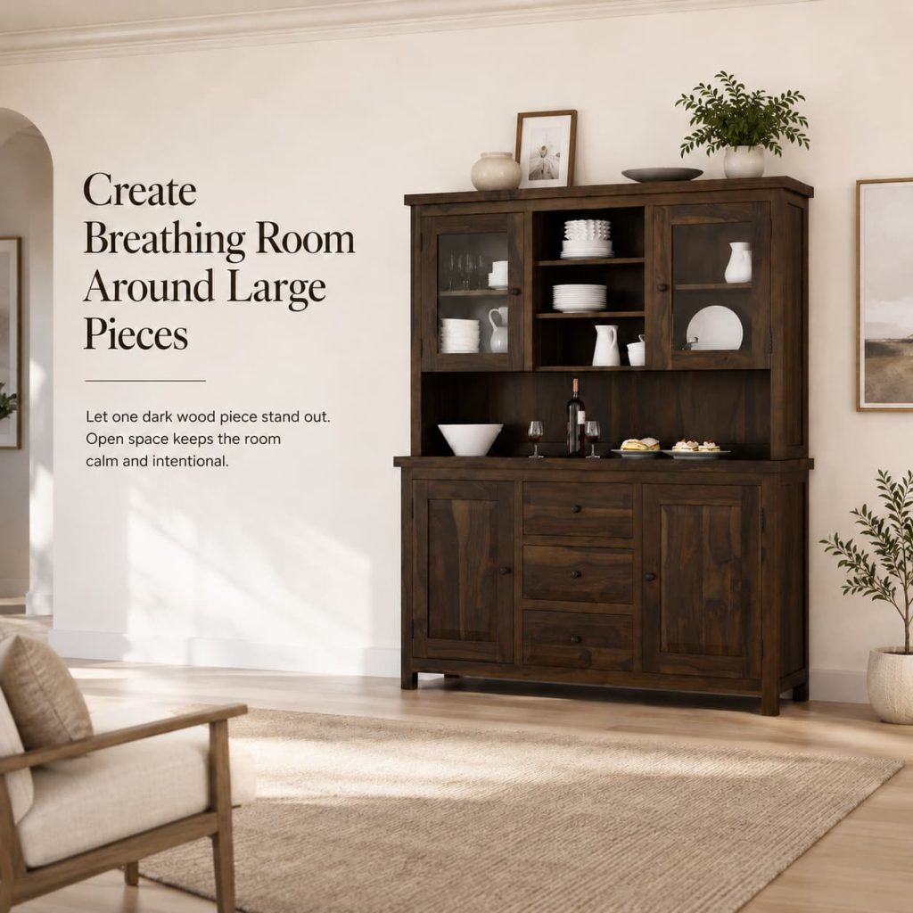 Minimalist room with dark wood furniture and open uncluttered layout