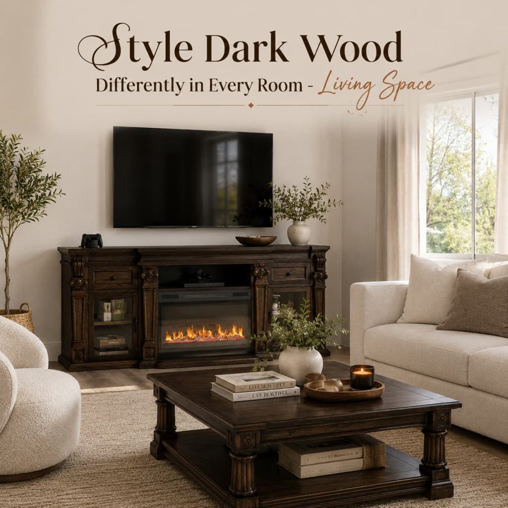 Dark wood coffee table styled in a modern living room