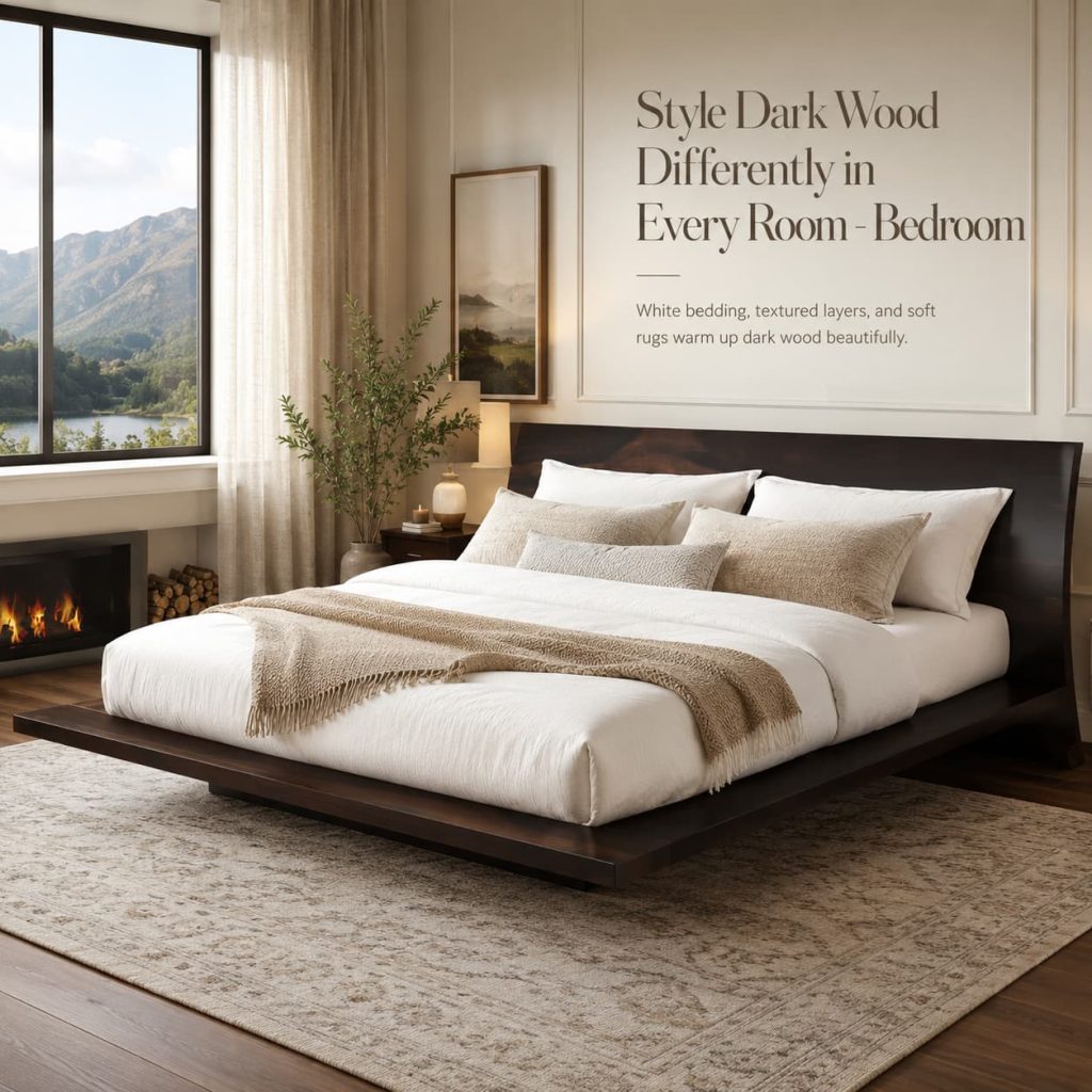 Dark wood bedroom featuring white bedding and textured décor