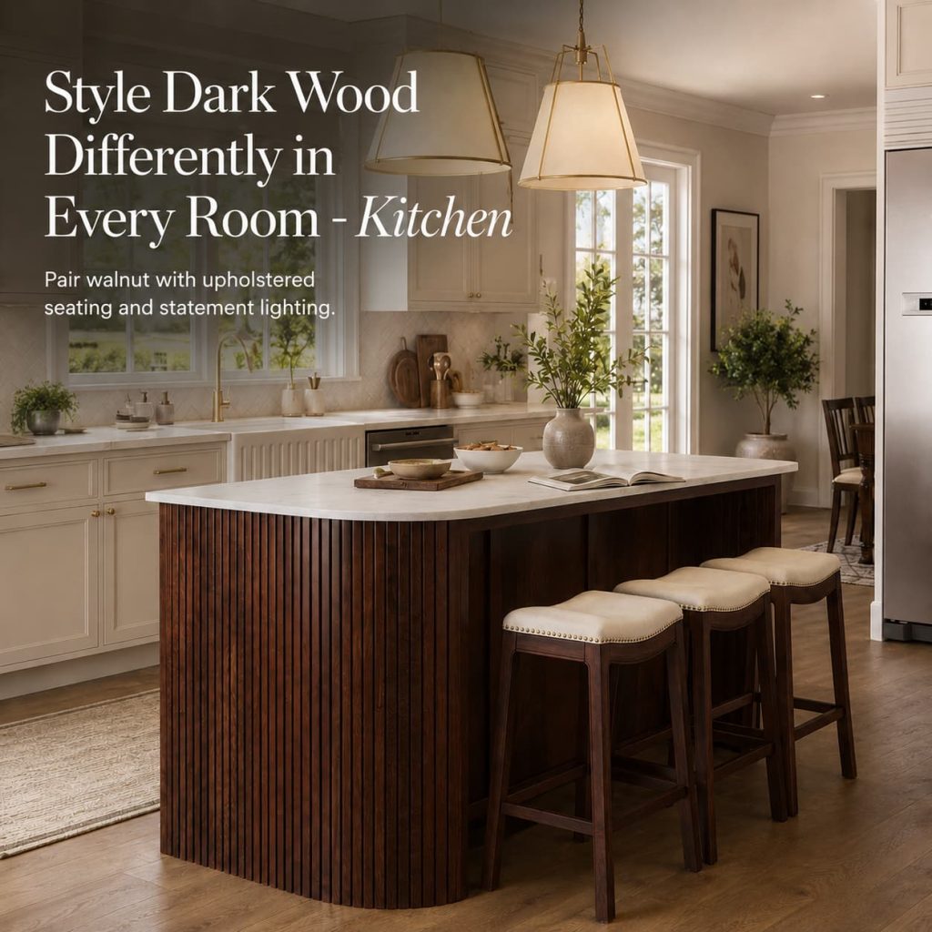 Modern kitchen featuring dark wood kitchen island furniture with upholstered stools