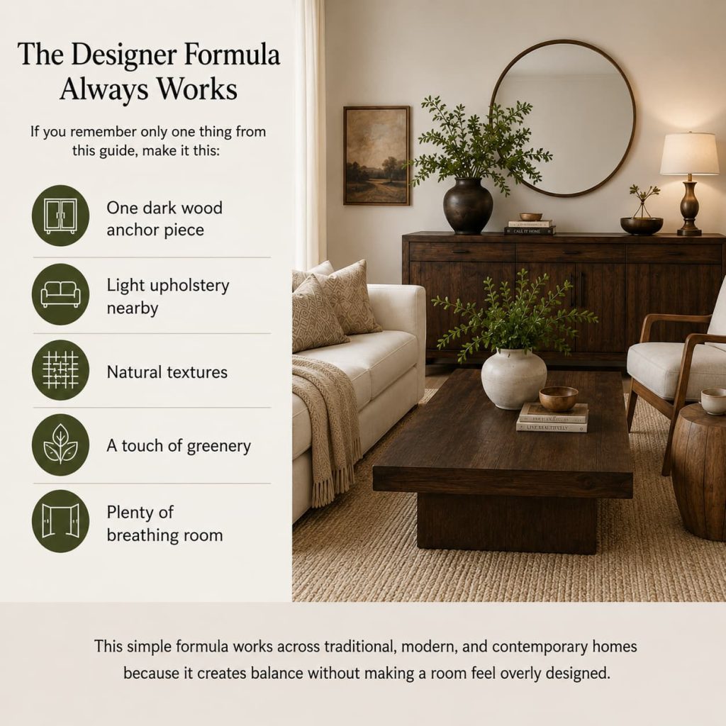 Balanced modern room styled with dark wood furniture and natural textures