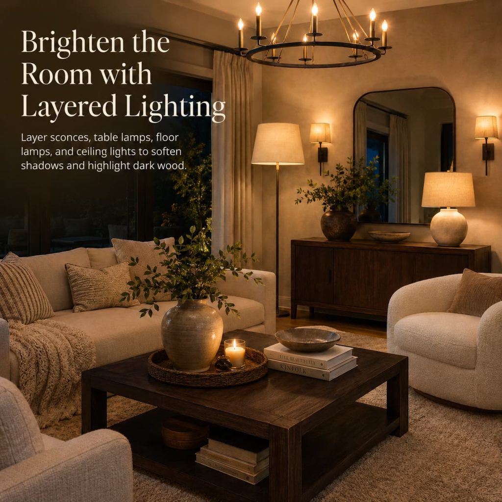 Dark wood furniture illuminated with layered lighting
