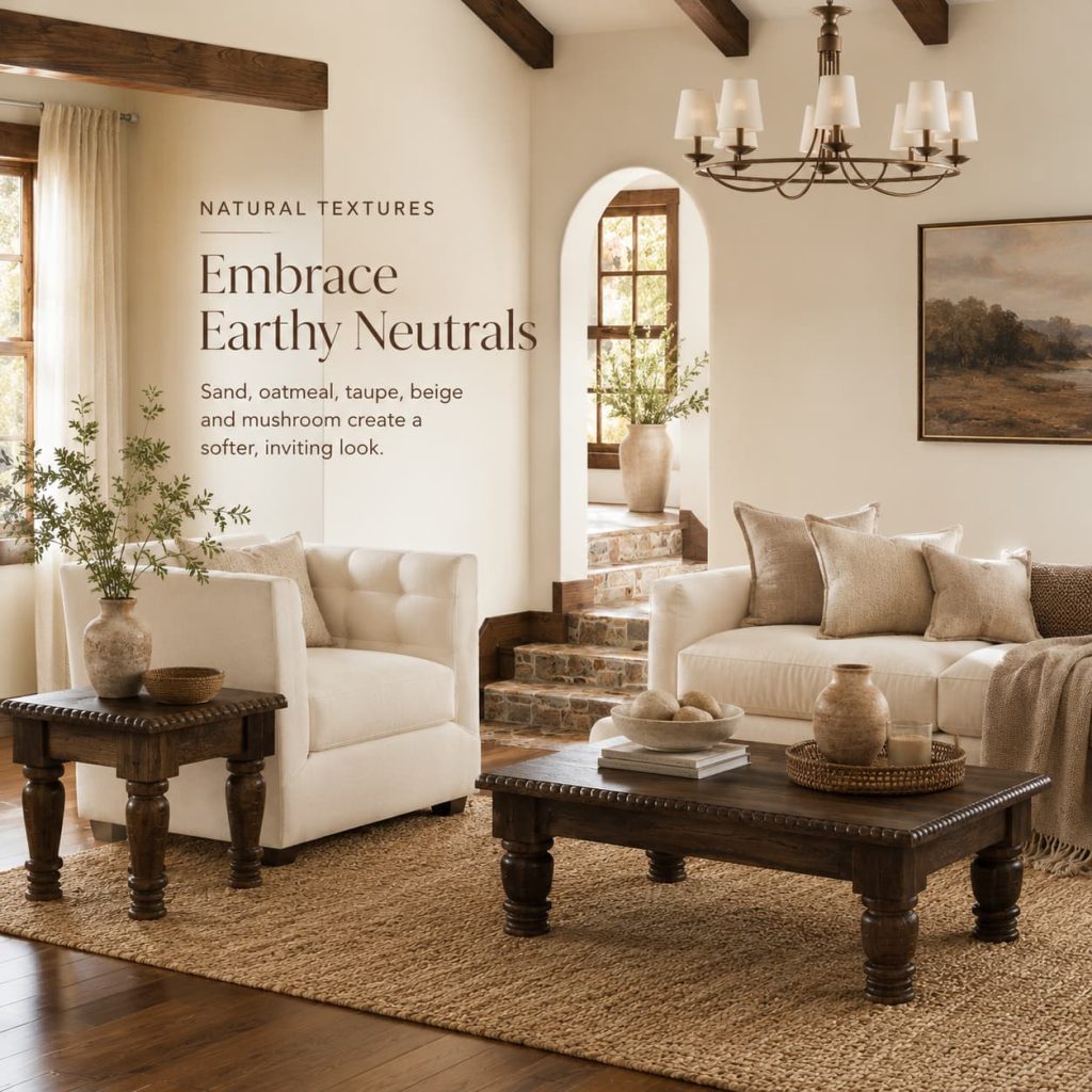 Dark wood coffee table set
with linen, boucle, jute, and natural stone accents