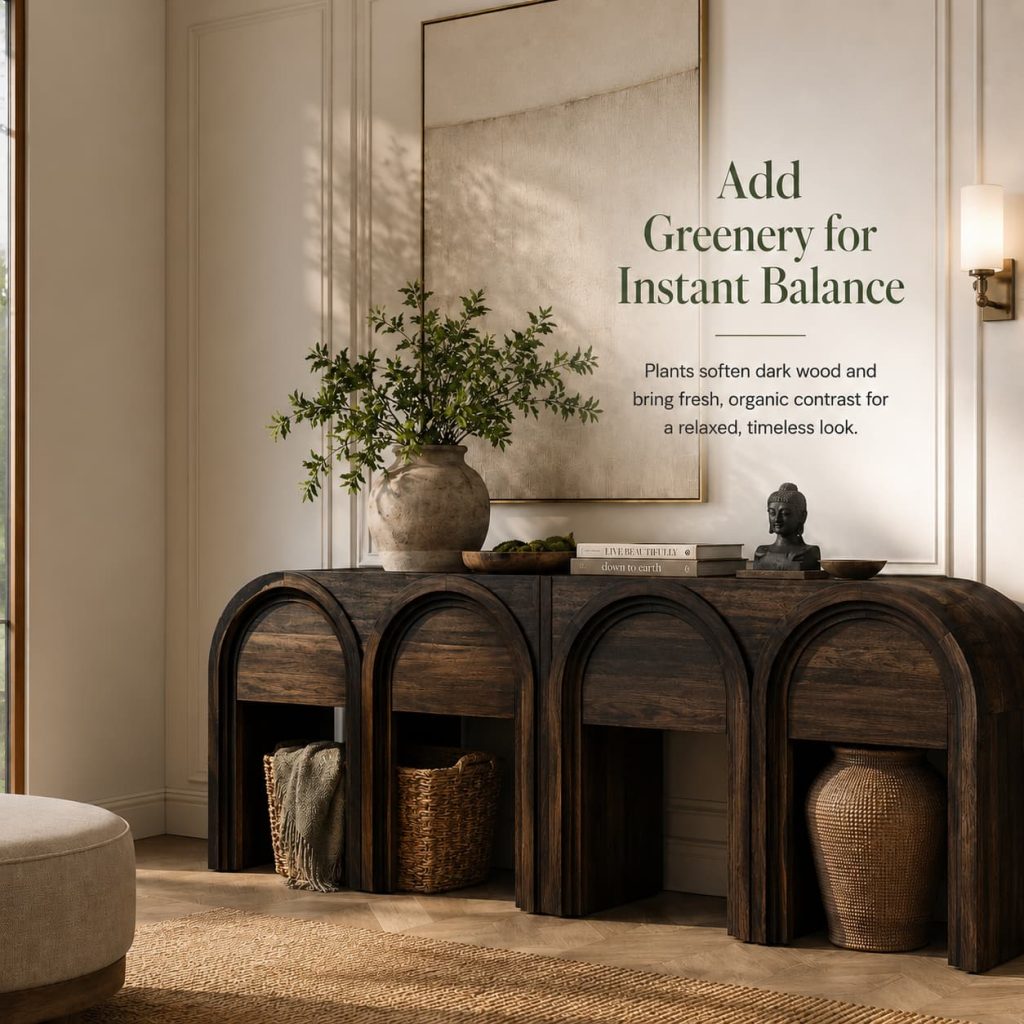 Dark wood console table decorated with indoor plants and natural accessories