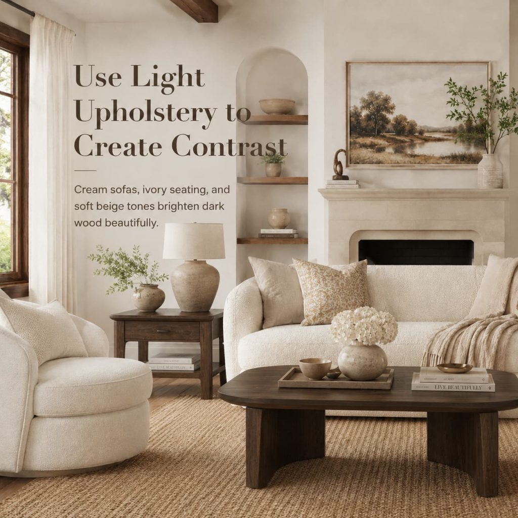 Dark wood furniture paired with cream upholstery and neutral décor