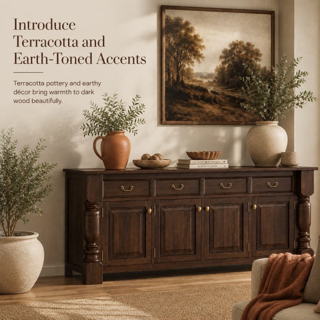Dark wood furniture accented with terracotta pottery and earthy décor