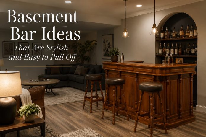 Stylish basement bar in a modern American home featuring a solid wood bar counter, warm lighting, and comfortable entertaining space.