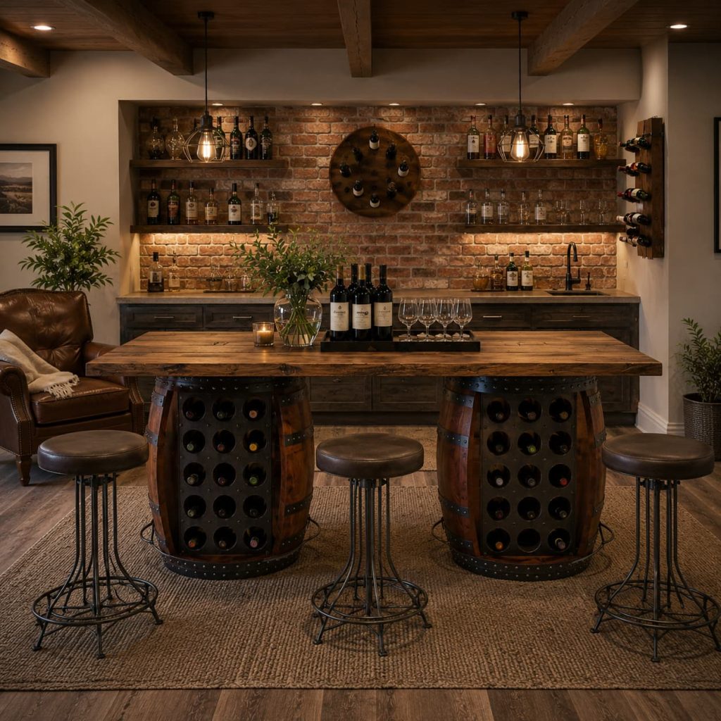 Rustic basement bar with reclaimed wood, industrial metal accents, and warm ambient lighting.