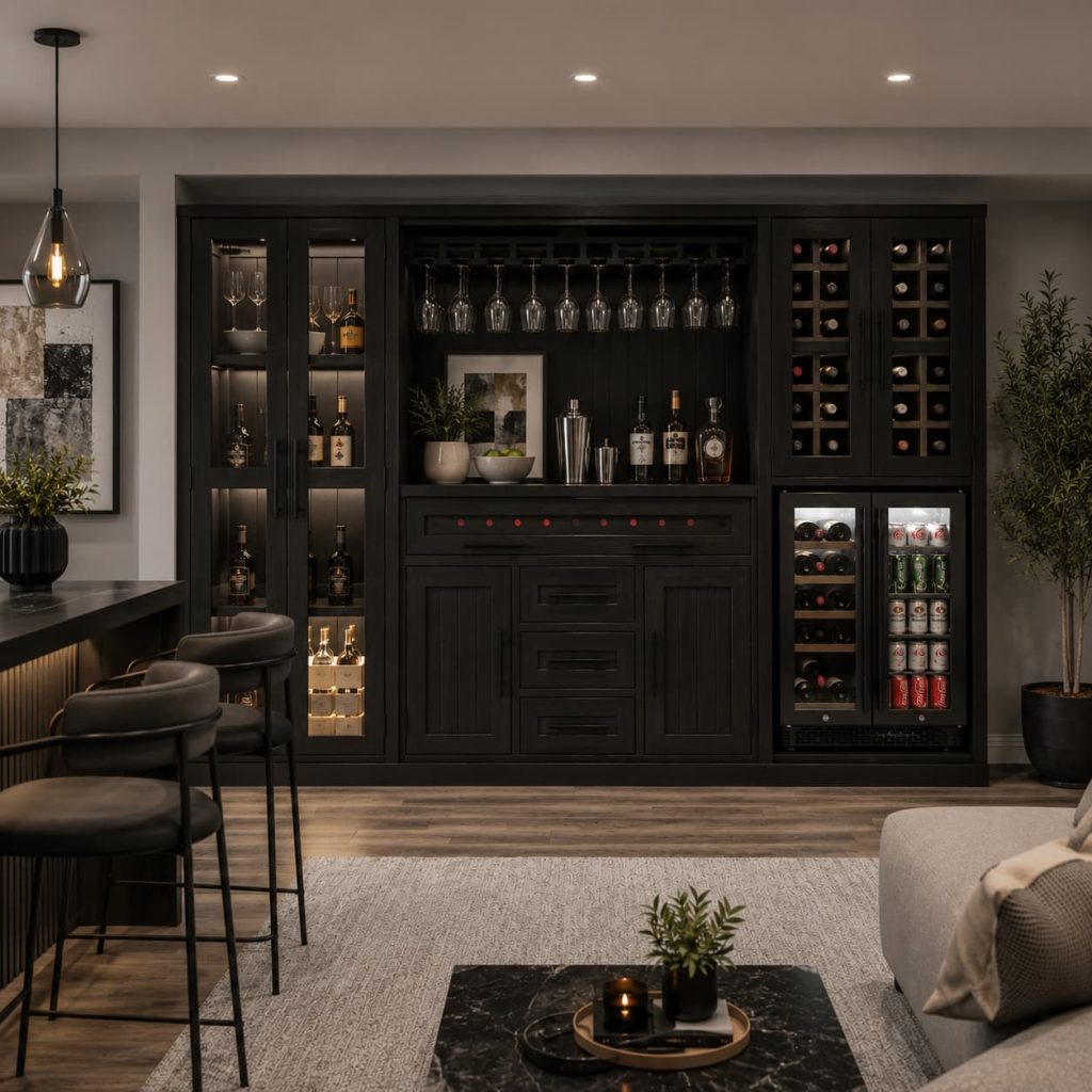 Modern minimalist basement bar featuring floating shelves, matte black cabinetry, and soft LED lighting.