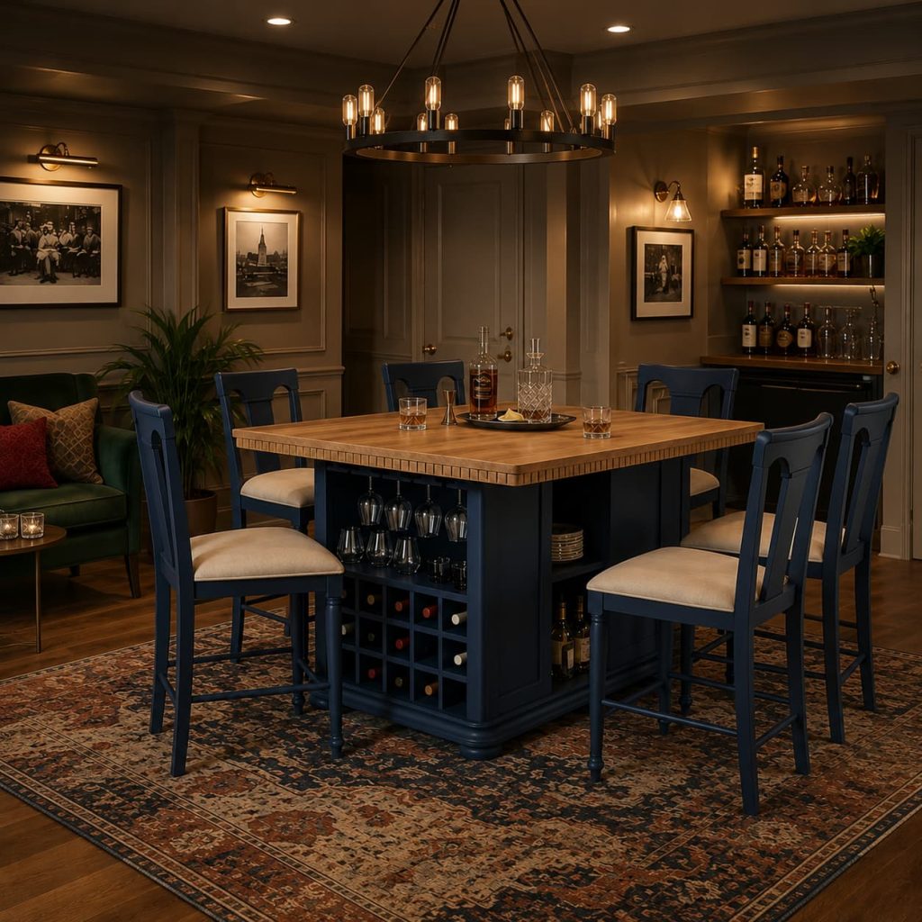 Speakeasy-style basement bar with velvet seating, dark wood finishes, and vintage-inspired lighting.