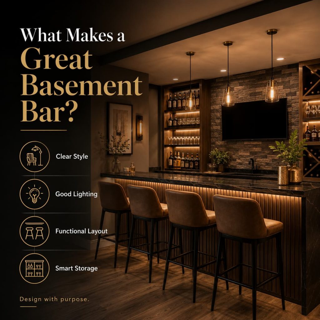 Stylish basement bar in a modern American home featuring a clear theme, good lighting, functional layout, and smart bar storage.