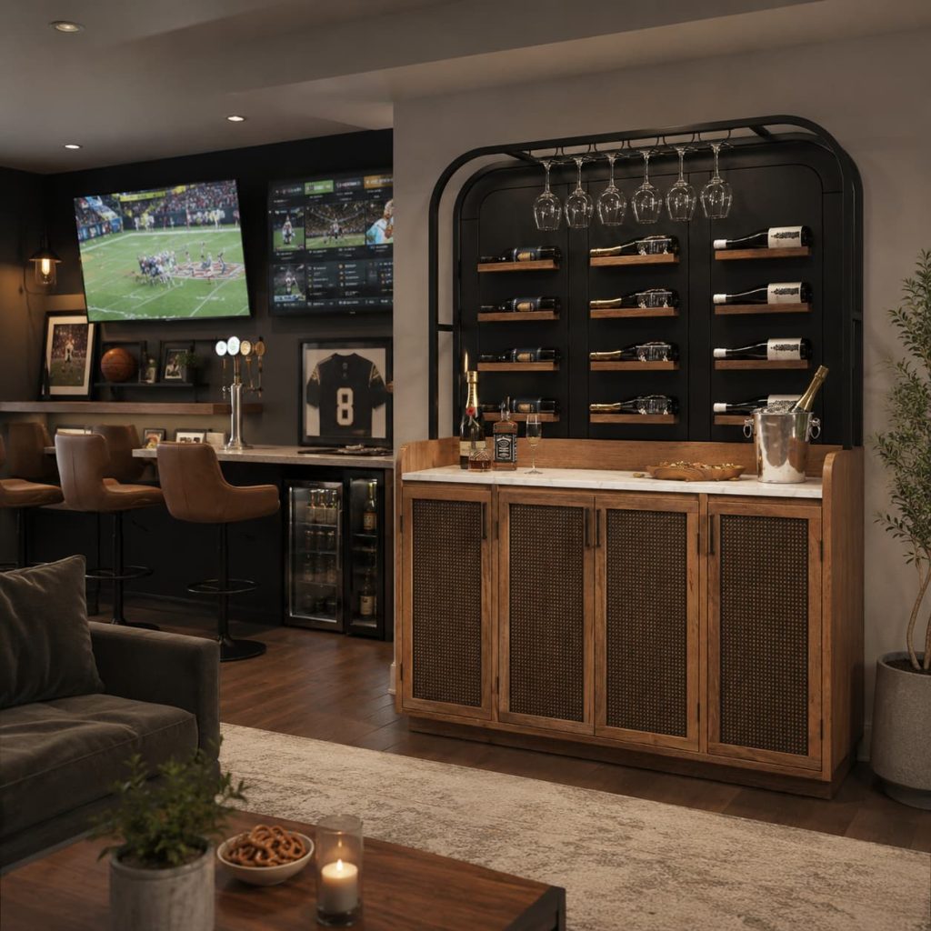 Home sports bar basement with multiple TVs, leather seating, and a handcrafted wooden bar.