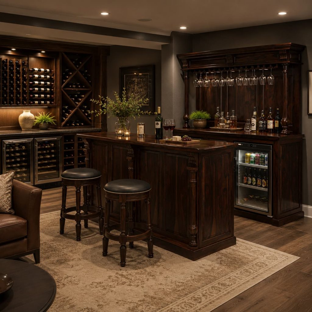 Elegant basement wine bar with built-in wine storage, wood cabinetry, and warm ambient lighting.