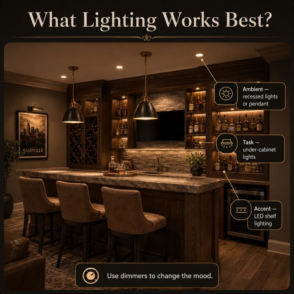 Basement bar with layered lighting including pendant lights, recessed fixtures, and illuminated shelves.