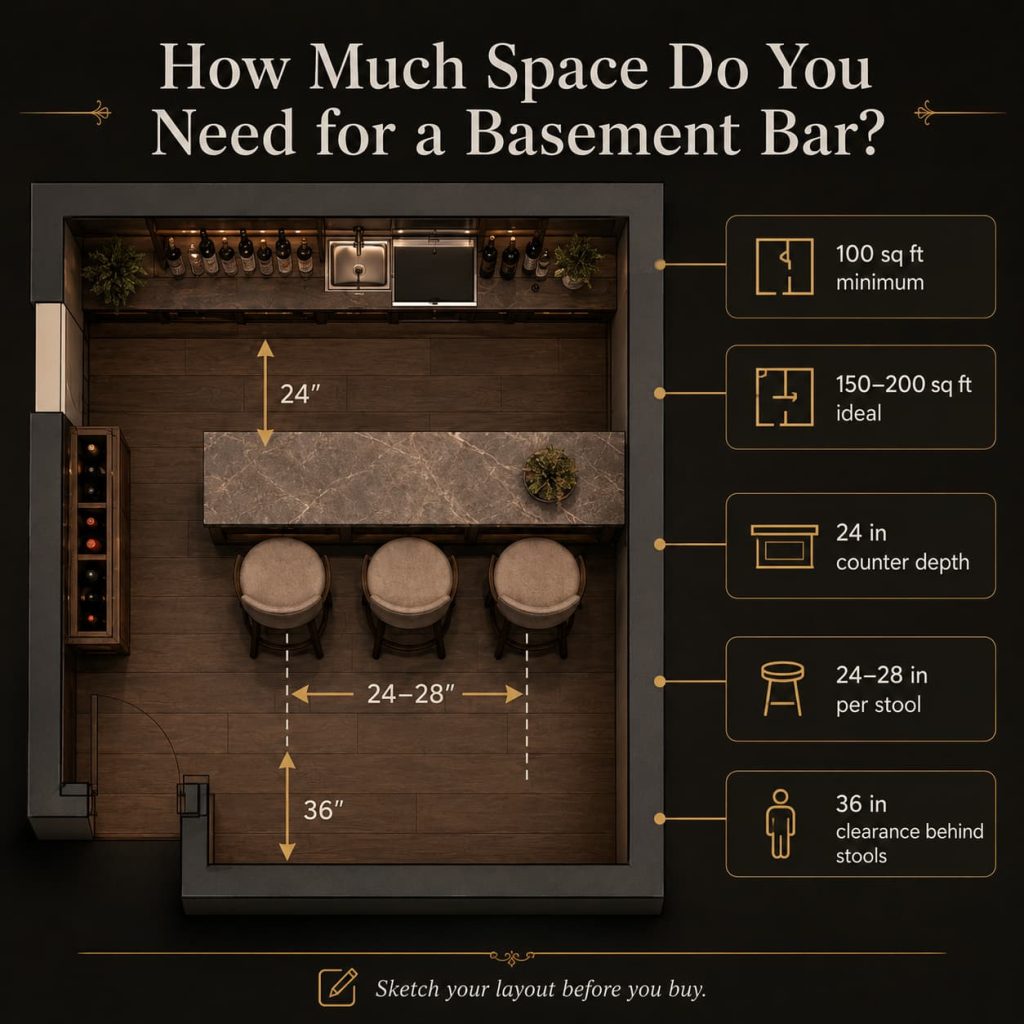 Well-planned basement bar layout with comfortable seating, storage, and open traffic flow.