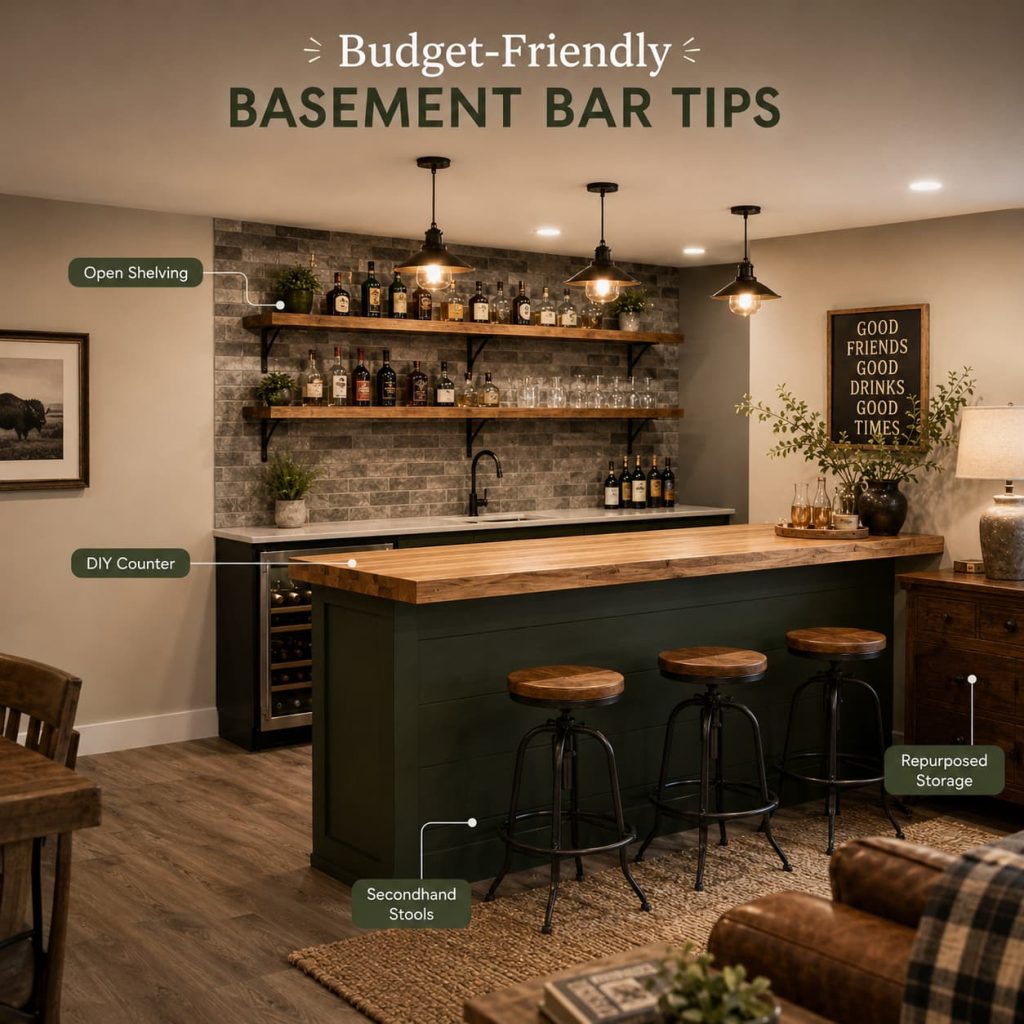 Affordable basement bar featuring floating shelves, butcher block countertop, and repurposed furniture.