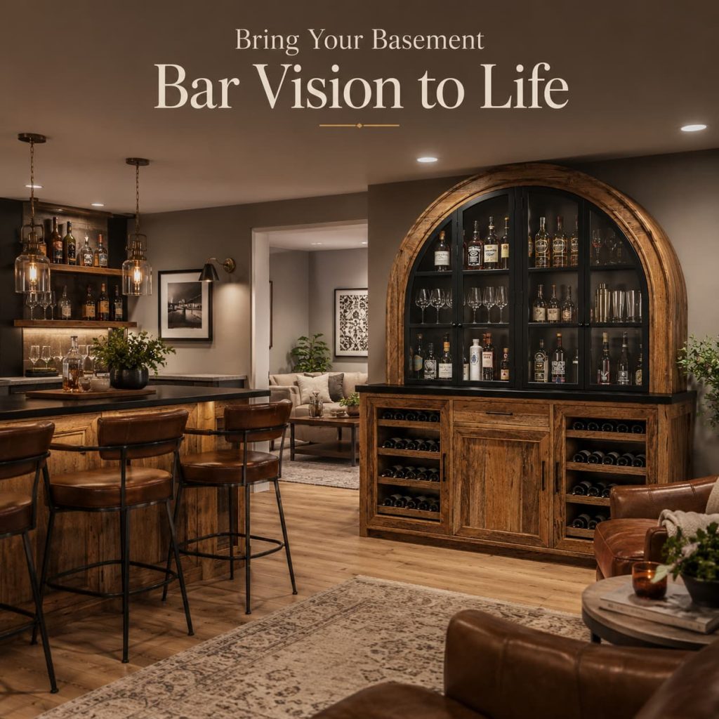 Finished basement bar with handcrafted wood furniture, inviting seating, and warm ambient lighting.