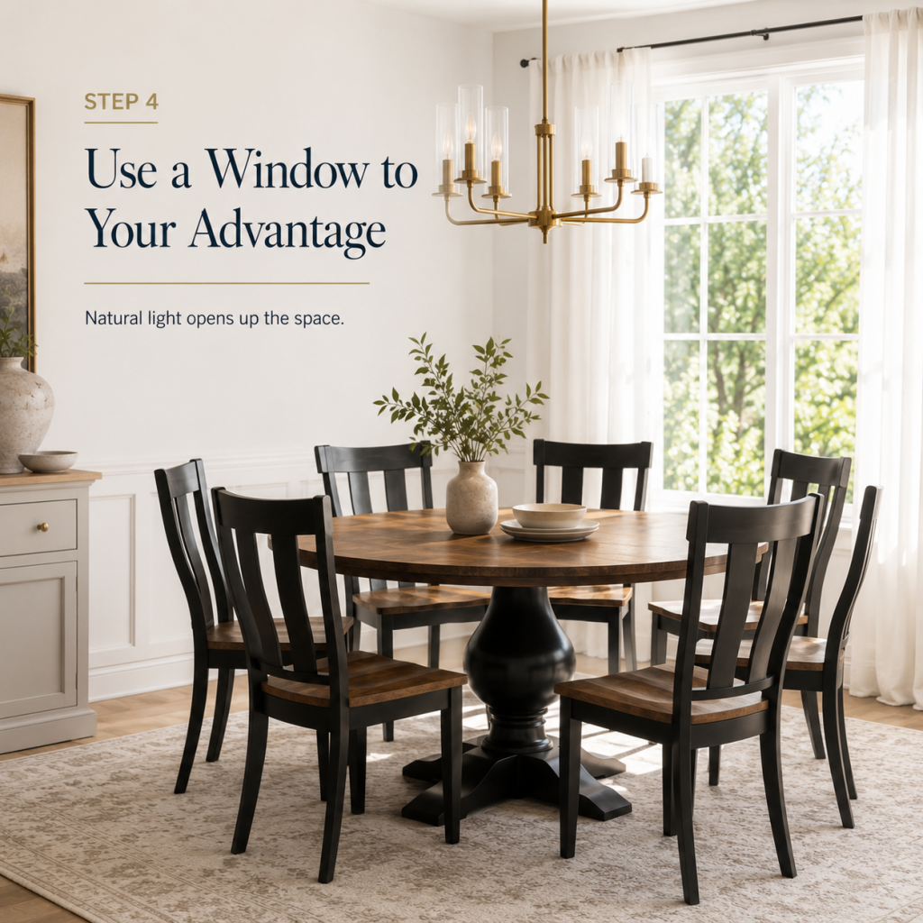 Bright breakfast nook by a sunny window with a round wooden table