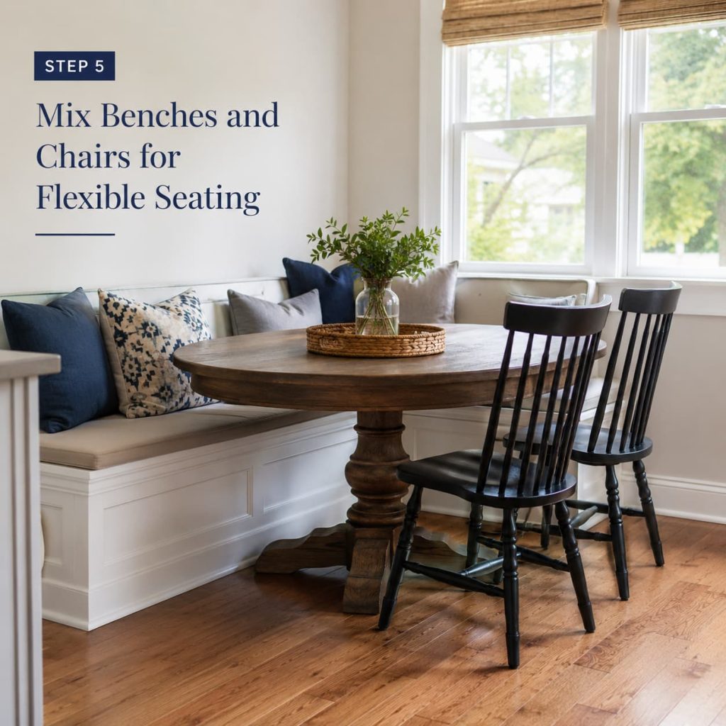 Breakfast nook with a built-in bench, round table, and two dining chairs.