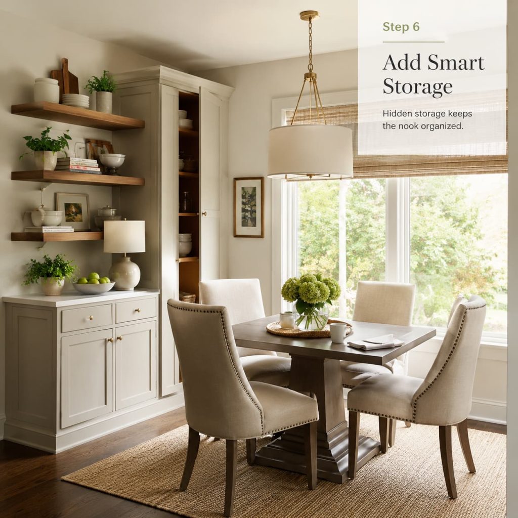 Smart storage breakfast nook with square table, accent chairs and sideboard.