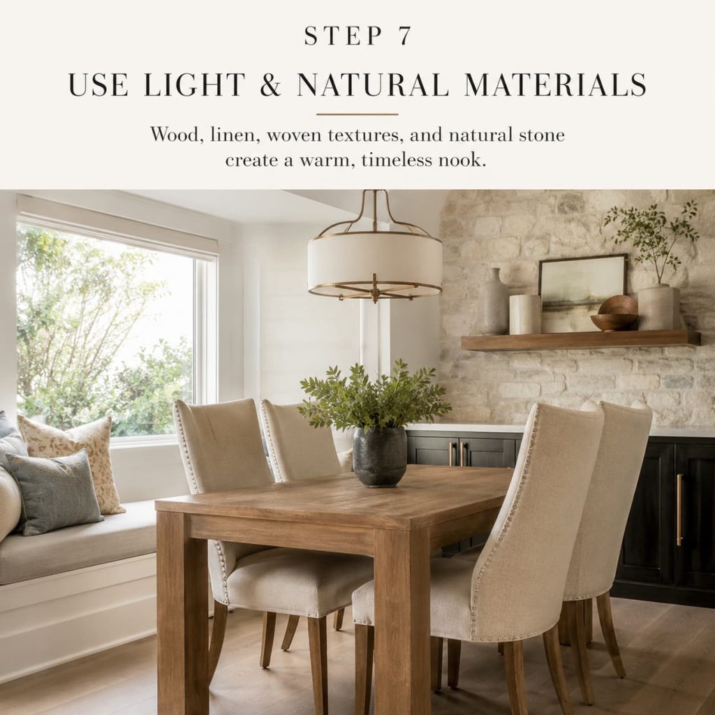 breakfast nook with wood table, upholstered chairs, and natural light.